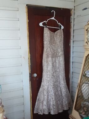 Jovani Strapless Beaded Lace Mermaid Gown in Champagne
